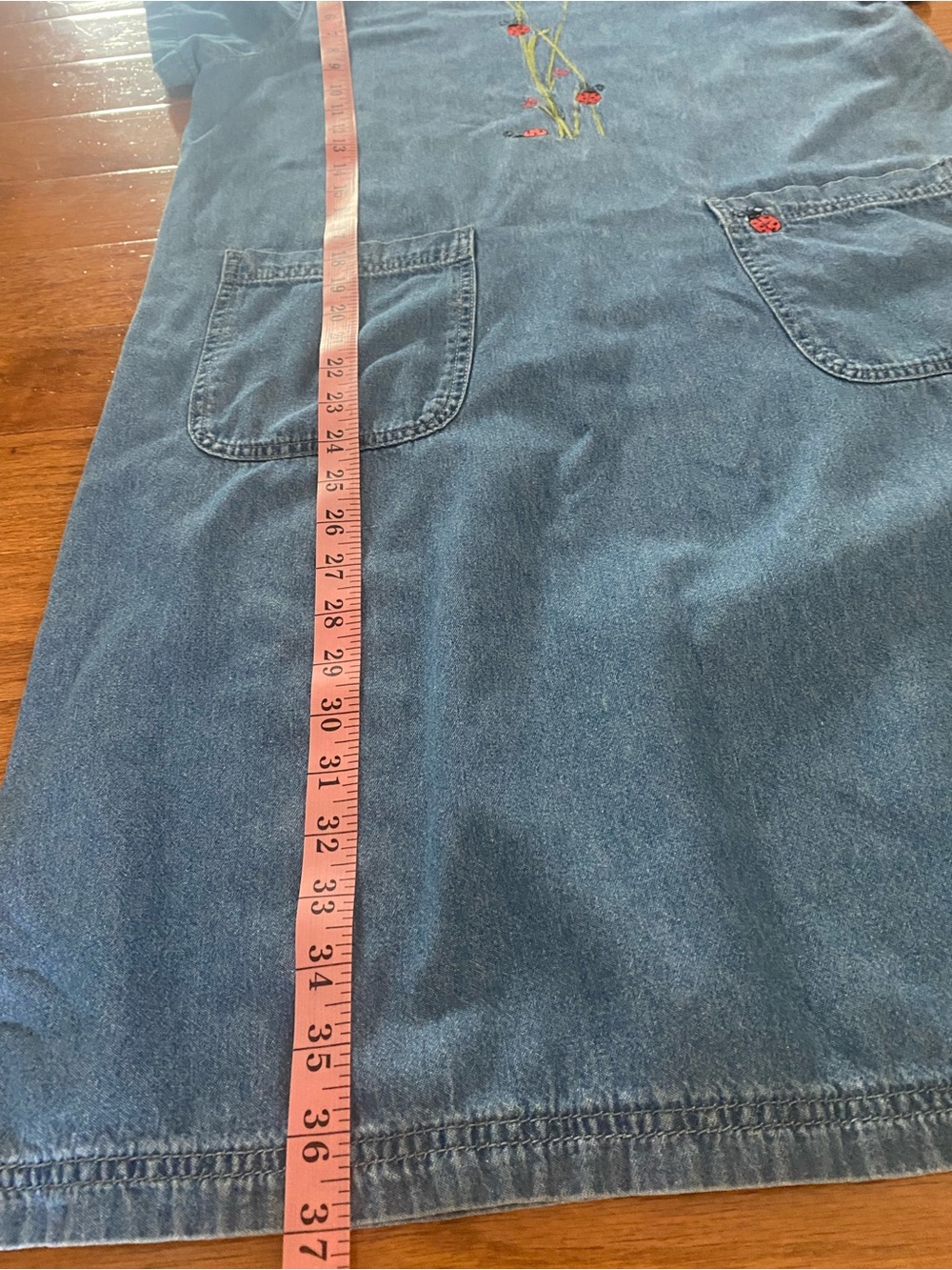 Vintage 90s Blair Denim Dress Small Ladybug Embroidered Cottagecore Pockets - Picture 13 of 13